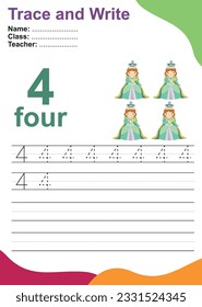 Number four tracing practice worksheet with four queen for kids learning to count and to write. Vector Illustration. Exercise for children to recognize the number.