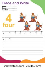 Número cuatro de la hoja de trabajo de práctica de seguimiento con cuatro asistentes para niños que aprenden a contar y a escribir. Ilustración vectorial. Ejercicio para que los niños reconozcan el número.