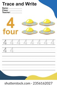 Number four tracing practice worksheet with four UFOs. Page for kids learning to count and to write. Vector Illustration. Exercise for children to recognize the number.
