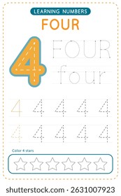 Number four tracing. Preschool worksheets. Writing practice for kids. Vector design.