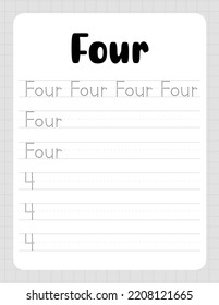 Number Four. Tracing Worksheet for kids. Learn how to write numbers for Preschool Kids. Practicing motor skills for kids. Printable vector illustration.
