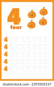 Number four. Track and write. Handwriting practice. Learning numbers for children. Educational Development Worksheet. Activity page. Game for kids and preschoolers. cards for children with numbers