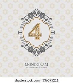 Number four Typographic design elements, Calligraphic graceful template, Elegant line art logo, Business sign for Royalty, Boutique, Restaurant, Cafe, Hotel, Heraldic, Jewelry, Wine