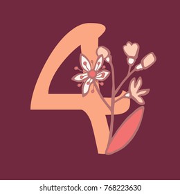 Number Four. Vector hand drawn floral monogram decorated with fruits and flowers. Perfect for posters, invitation, greeting card, webs graphics, blog, banner, logo