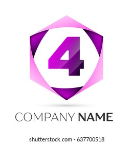 Number four vector logo symbol in the colorful hexagonal on grey background. Vector template for your design