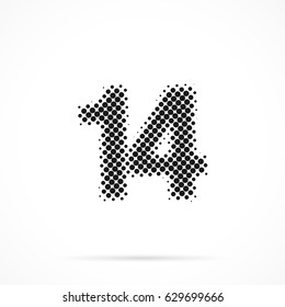 Number Fourteen, 14 in halftone. Dotted illustration isolated on a white background.
Vector illustration.
