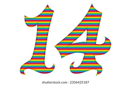 Number Fourteen With Rainbow Colors Pattern Vector Illustration. Number 14 In LGBT Flag Colors
