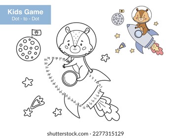 Number game. Dot to dot. Chipmunk flies on a rocket. Space theme. Educational puzzle. Printable activity page for kids. Connect the dots and color. Vector illustration.