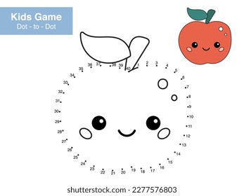 Number game. Dot to dot. Cute kawaii apple. Healthy food. Cartoon fruit. Educational puzzle. Printable activity page for children. Connect the dots and color. Vector illustration.