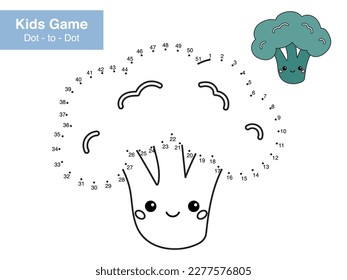 Number game. Dot to dot. Cute kawaii broccoli. Healthy food. Cartoon vegetable. Educational puzzle. Printable activity page for kids. Connect the dots and color. Vector illustration.