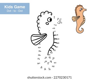 Number game. Dot to dot. Cute seahorse. Cartoon sea animals. Educational puzzle. Printable activity page for kids. Connect the dots and color. Vector illustration.