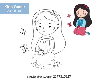 Number game. Dot to dot. Cute Snow White with apple. Cartoon princess. Fairy tale character. Educational puzzle. Printable activity page for kids. Connect the dots and color. Vector illustration.