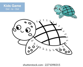 Juego de números. Punto a punto. Tortuga. Animales marinos de dibujos animados. Rompecabezas educativo. Página de actividad imprimible para niños. Conecte los puntos y el color. Ilustración vectorial.