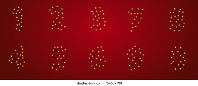 number garland lights on red ackground