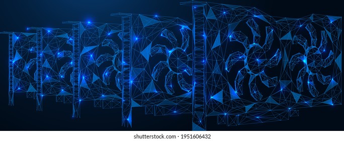 A number of graphics cards. GPU hardware for cryptocurrency mining. Polygonal construction of concatenated lines and points. Blue background.