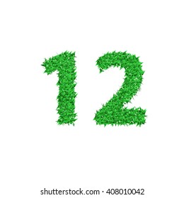 Number of green grass alphabet on white background. Vector illustration.