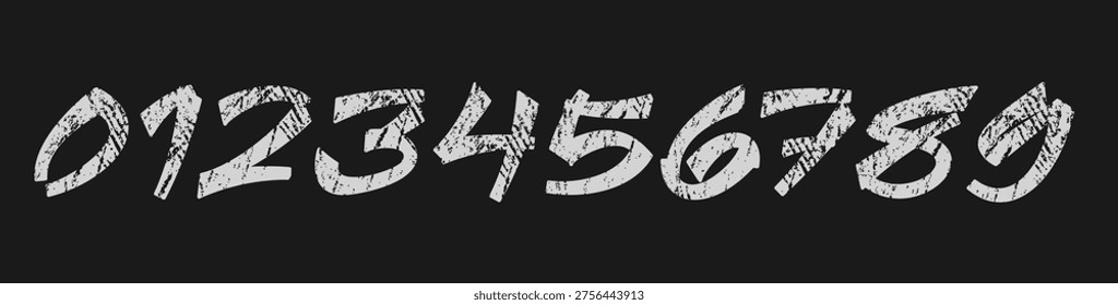 Number Hand Drawn Sketch Paint Brush with Rough Scratch Texture Written Script, Handwritten Numbers T-Shirt Typographic Design in Chalk Dirty Style on Chalkboard Background. Vector Numeric Signs