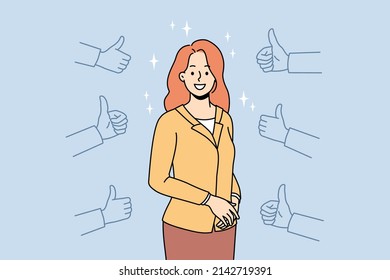 Number of hands showing thumbs up to happy successful businesswoman. Smiling woman employee get recognition and acknowledgement by colleagues. Good feedback. Vector illustration. 