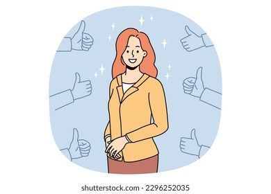 Number of hands showing thumbs up to happy successful businesswoman. Smiling woman employee get recognition and acknowledgement by colleagues. Good feedback. Vector illustration.