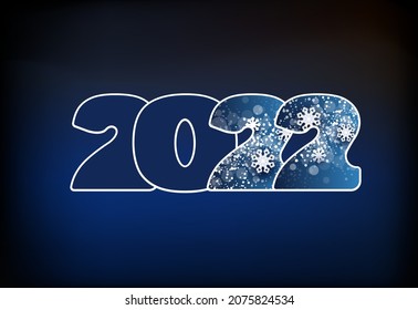 Number Happy New Year 2022. Creative design of blue-white numbers, winter snow, snowflakes isolated. Blue background. Futuristic, logo 2022.Elements for calendar and greeting Christmas cards, template