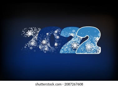 Number Happy New Year 2022. Creative design of blue-white numbers, winter snow, snowflakes isolated. Blue background. Futuristic, logo 2022.Elements for calendar and greeting Christmas cards, template