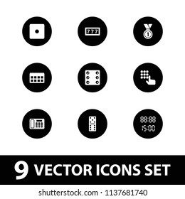 Number icon. collection of 9 number filled icons such as dice, domino, desk phone, medal, digital time, hand on atm. editable number icons for web and mobile.