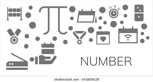 number icon set. 11 filled number icons.  Collection Of - Dice, Pi, Medal, Scan, Calendar, Time, Dominoes