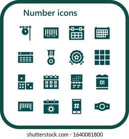 number icon set. 16 filled number icons.  Simple modern icons such as: Clock, Barcode, Calendar, Medal, Keypad, Domino, Hashtag, Champion belt