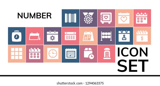  number icon set. 19 filled number icons. Simple modern icons about  - Barcode, Clock, Keypad, Calendar, Wait time, Telephone booth, Dice, Medal, Strongbox