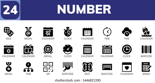 number icon set. 24 filled number icons.  Collection Of - Dice, Medal, Calendar, Clock, Time, Barcode, QR, Bingo