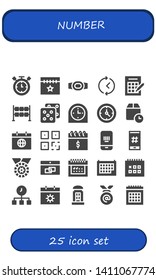 number icon set. 25 filled number icons.  Collection Of - Timer, Calendar, Champion belt, Time, Bingo, Dice, Clock, Wait time, QR, Barcode, Hashtag, Medal, Telephone booth