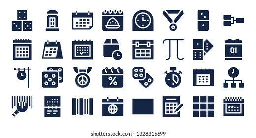 number icon set. 32 filled number icons. on blue background style Collection Of - Dice, Calendar, Clock, Barcode, Telephone booth, Medal, Wait time, Pi, Bingo, Dominoes, Domino
