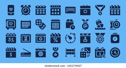 number icon set. 32 filled number icons. on blue background style Collection Of - Barcode, Strongbox, Calendar, Alarma clock, Scan, Dice, Date, Medal, Wait time, Timer, Dices