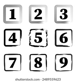 Number icon set. Black numbers. Grunge borders. Vector illustration.