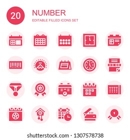 number icon set. Collection of 20 filled number icons included Calendar, Clock, Barcode, Paramount, Scanner, Medal, Cuckoo clock
