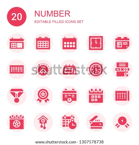 number icon set. Collection of 20 filled number icons included Calendar, Clock, Barcode, Paramount, Scanner, Medal, Cuckoo clock