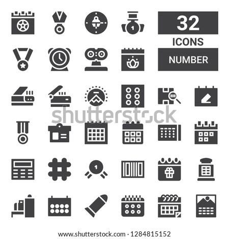 number icon set. Collection of 32 filled number icons included Calendar, Bullet, Scanner, Payphone, Barcode, Medal, Hashtag, Keypad, Dice, Paramount, Clock