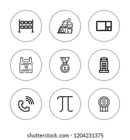 Number icon set. collection of 9 outline number icons with anniversary, basketball jersey, dice, golden ratio, medal, phone call, pi icons. editable icons.