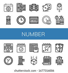 number icon set. Collection of Calendar, Clock, Qr code, Timer, Barcode, Dice, Digital clock, Phone booth, Appointment, Dominoes, Cuckoo clock icons