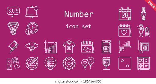 number icon set. line icon style. number related icons such as calendar, calculator, light bulb, balloon, balloons, wheel, route 66, dice, vertical, telephone, wall clock, bell, football jersey, watch