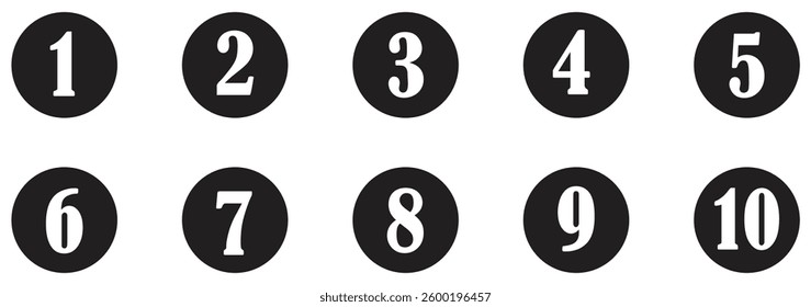 Number icon set showing numbers 1 to 10 in bold circular style used for labels, lists, steps, counters and numeric indicators.