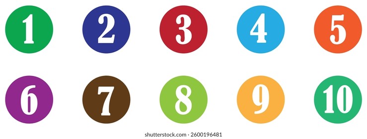 Number icon set showing numbers 1 to 10 in colorful circular styles used for labels, lists, steps, counters and numeric indicators.