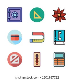 number icon set. vector set about protractor, thermometer, measuring tape and flower icons set.