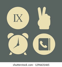 number icon set with victory hand sign, alarm clock and rome nine vector illustration