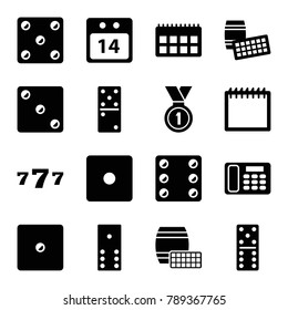 Number icons. set of 16 editable filled number icons such as dice, domino, lotto, calendar, desk phone, 14 date calendar, medal