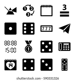 number icons set. Set of 16 number filled icons such as 7 number, Dice, domino, desk phone, 3 allowed, 14 date, medal, 1 2 3, paper plane, digital time, calendar