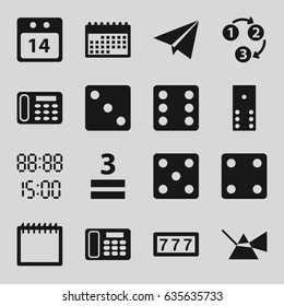 Number icons set. set of 16 number filled icons such as 7 number, dice, desk phone, 3 allowed, 14 date calendar, 1 2 3, paper plane, digital time, calendar, domino