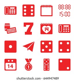 Number icons set. set of 16 number filled icons such as dice, domino, 7 number, desk phone, 14 date, 14 date calendar, medal, paper plane, digital time, calendar