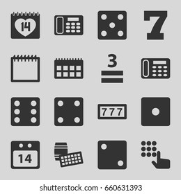 Number icons set. set of 16 number filled icons such as 7 number, dice, desk phone, 3 allowed, 14 date, 14 date calendar, calendar, lotto