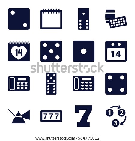 number icons set. Set of 16 number filled icons such as 7 number, Dice, domino, desk phone, 14 date, 14 date calendar, 1 2 3, calendar, lotto